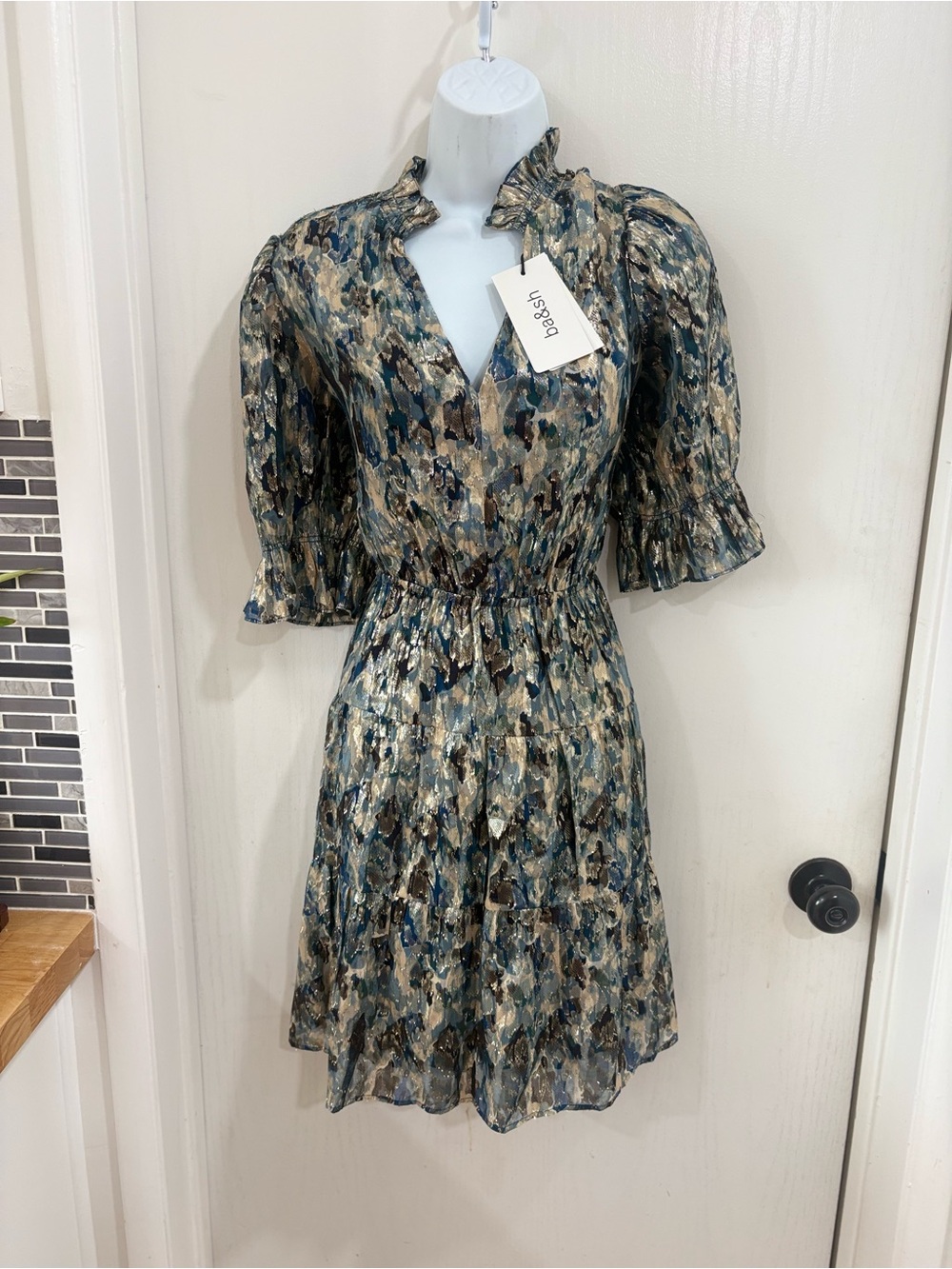 ba&sh Blue and Gold Abstract Print Mini Dress